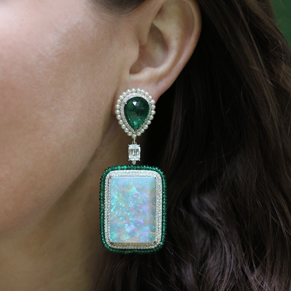 ARUNASHI-Carved Emerald And Opal Earrings-WHITE GOLD