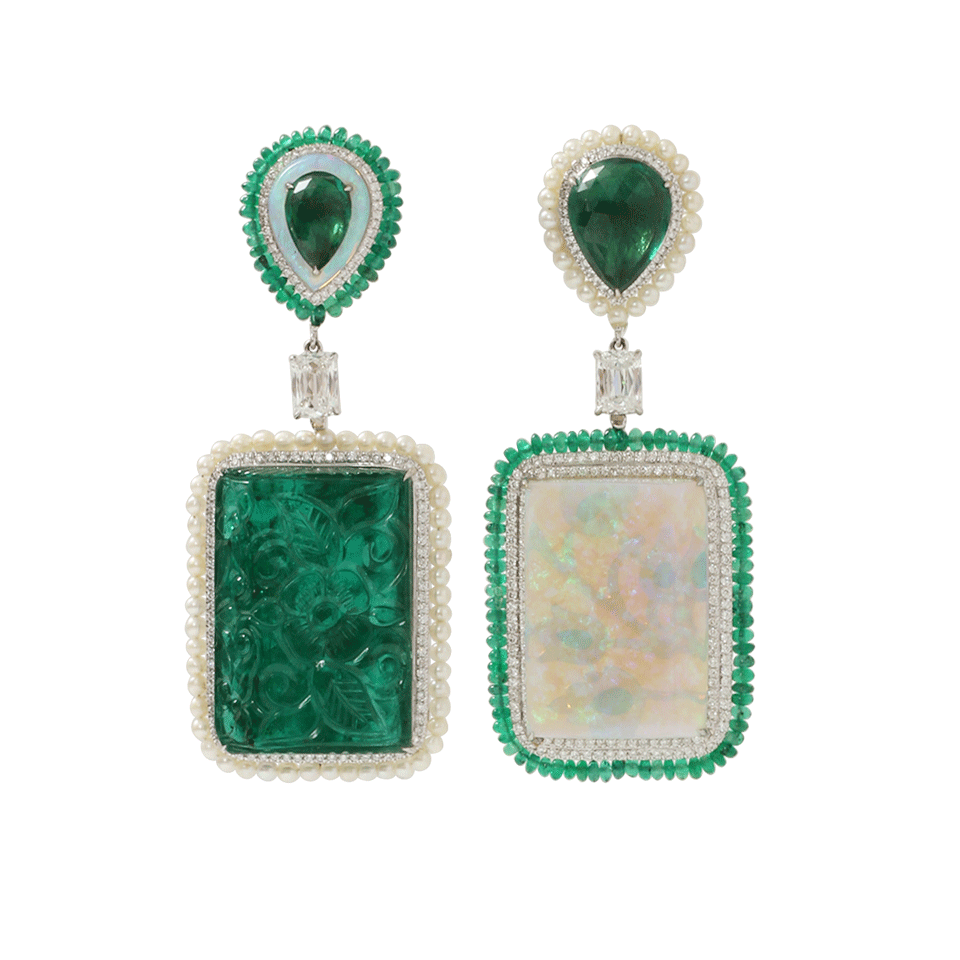 ARUNASHI-Carved Emerald And Opal Earrings-WHITE GOLD