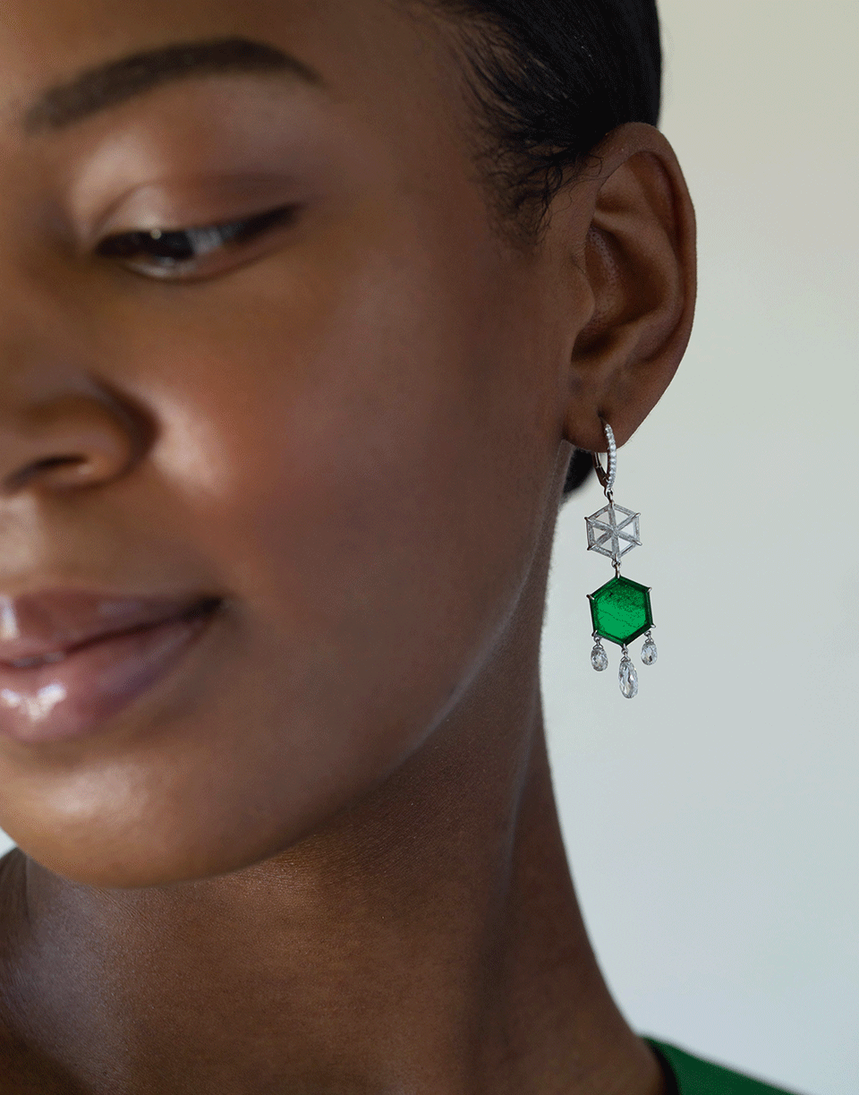 ARUNASHI-Hexagon Emerald and Diamond Earrings-WHITE GOLD