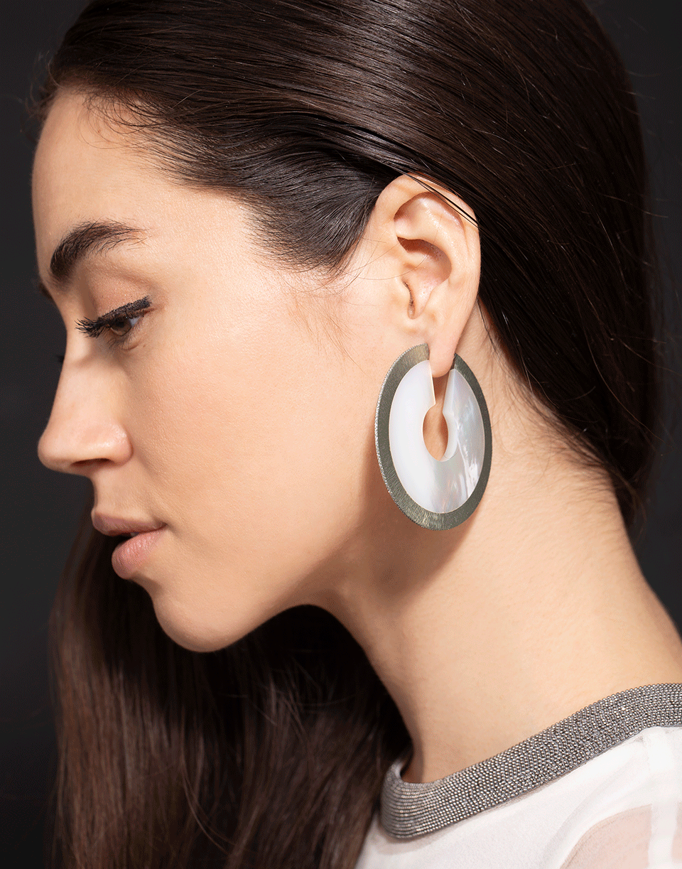 ARUNASHI-Large Mother of Pearl Circular Earrings-WHITE GOLD