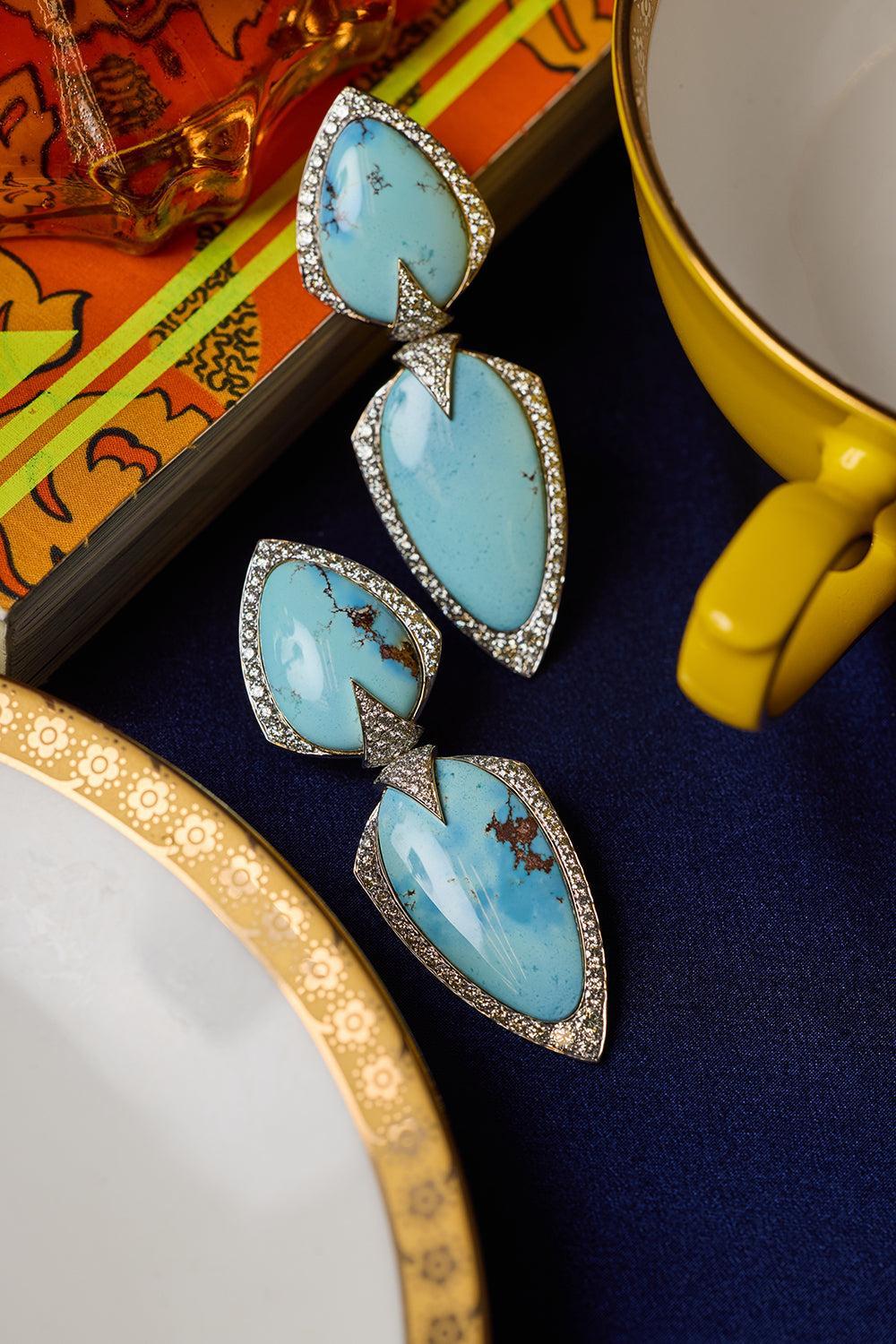 Turquoise Diamond Drop Earrings-WHITE GOLD-JEWELRYFINE JEWELEARRING-ARUNASHI