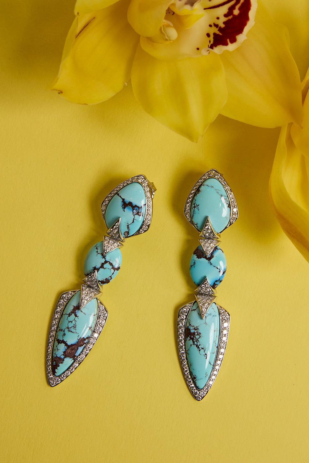 Turquoise Diamond Three Layer Earrings-WHITE GOLD-JEWELRYFINE JEWELEARRING-ARUNASHI