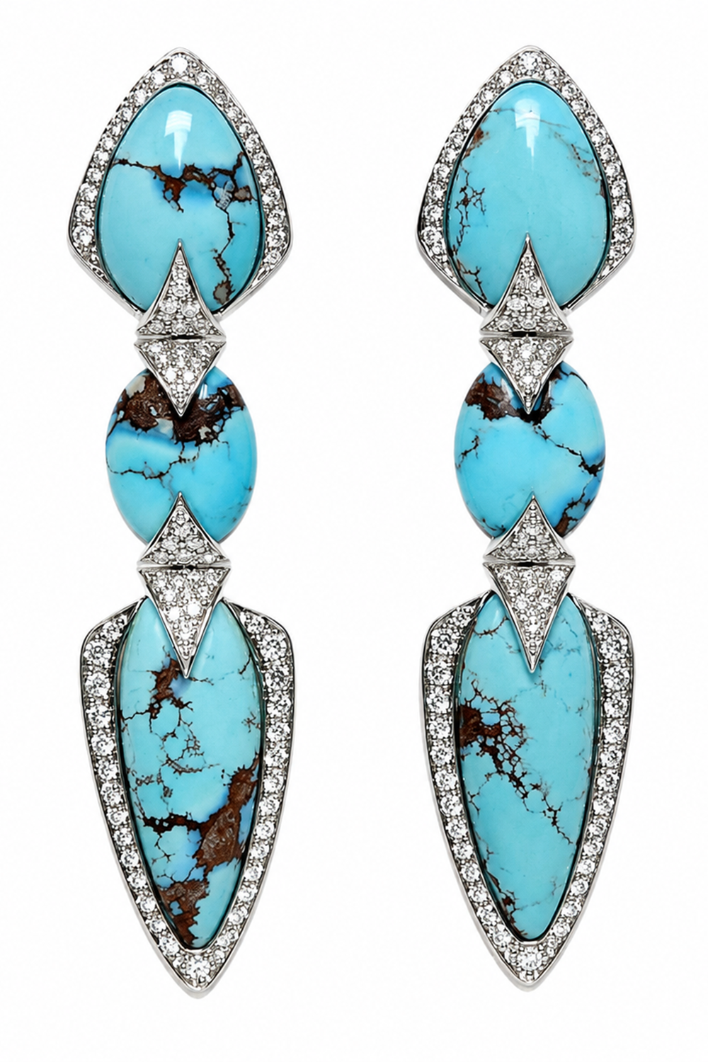 Turquoise Diamond Three Layer Earrings-WHITE GOLD-JEWELRYFINE JEWELEARRING-ARUNASHI
