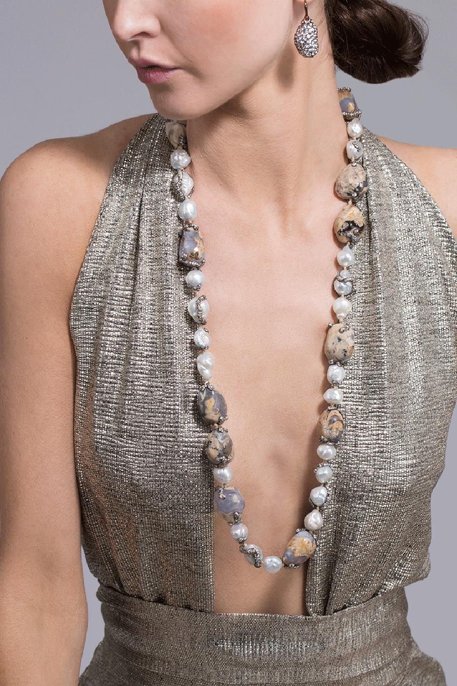 ARUNASHI-Chalcedony, Pearl and Diamond Necklace-BLACK GOLD