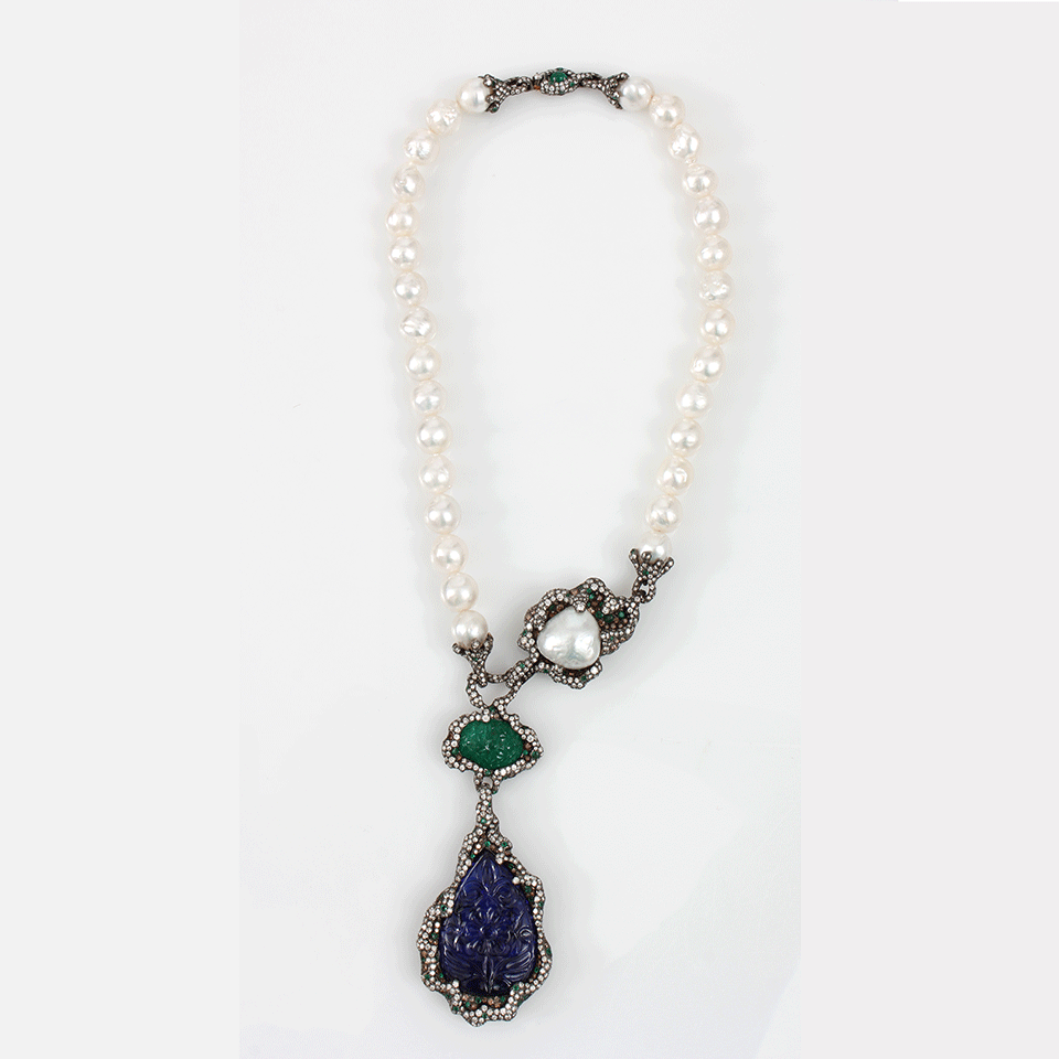 ARUNASHI-Tanzanite, Emerald, And Pearl Necklace-BLACK GOLD
