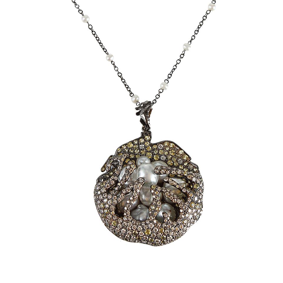 ARUNASHI-Pearl, Diamond, and Sapphire Pendant Necklace-BLCK GLD