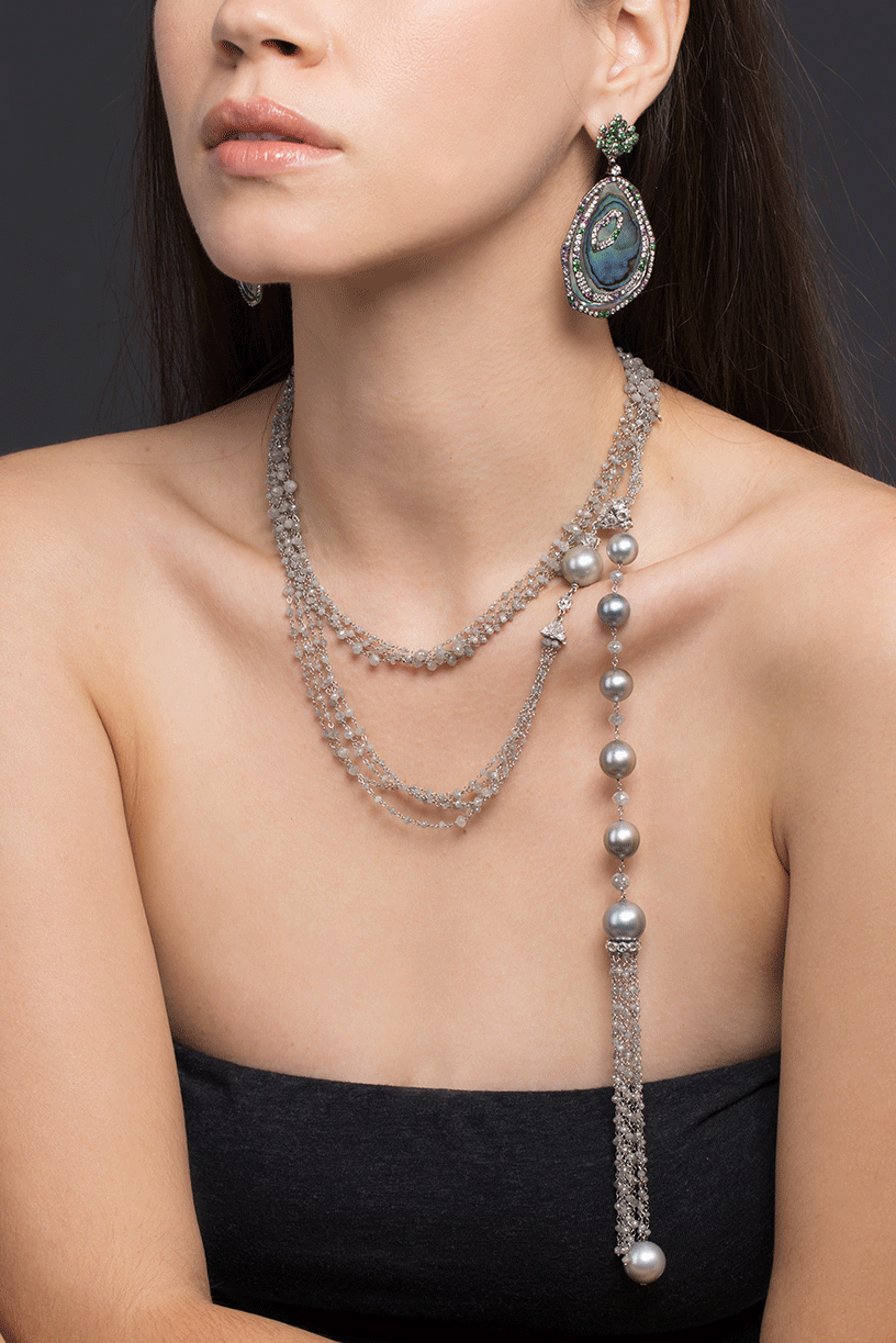 ARUNASHI-Silver South Sea Pearl Tassel-WHITE GOLD