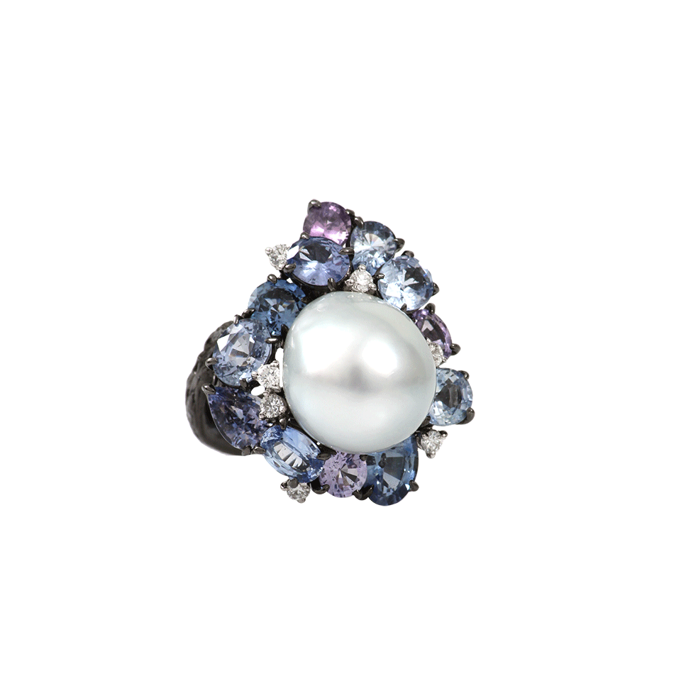 ARUNASHI-Pearl Ring With Sapphires And Diamonds-BLACK GOLD