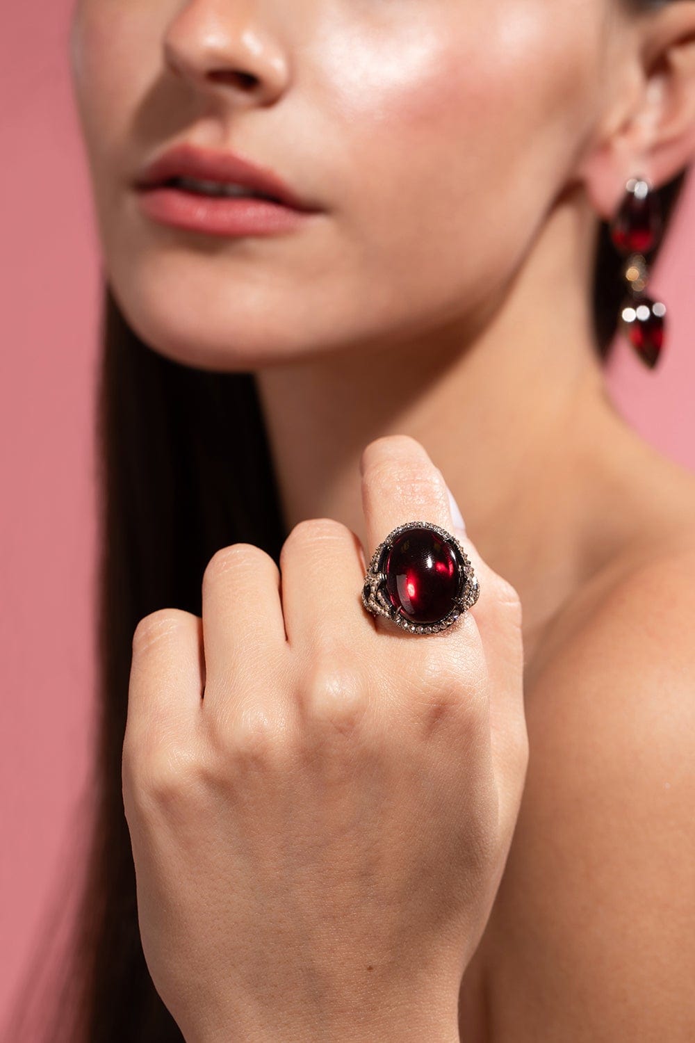 ARUNASHI-Red Garnet and Diamond Deco Ring-BLACK GOLD