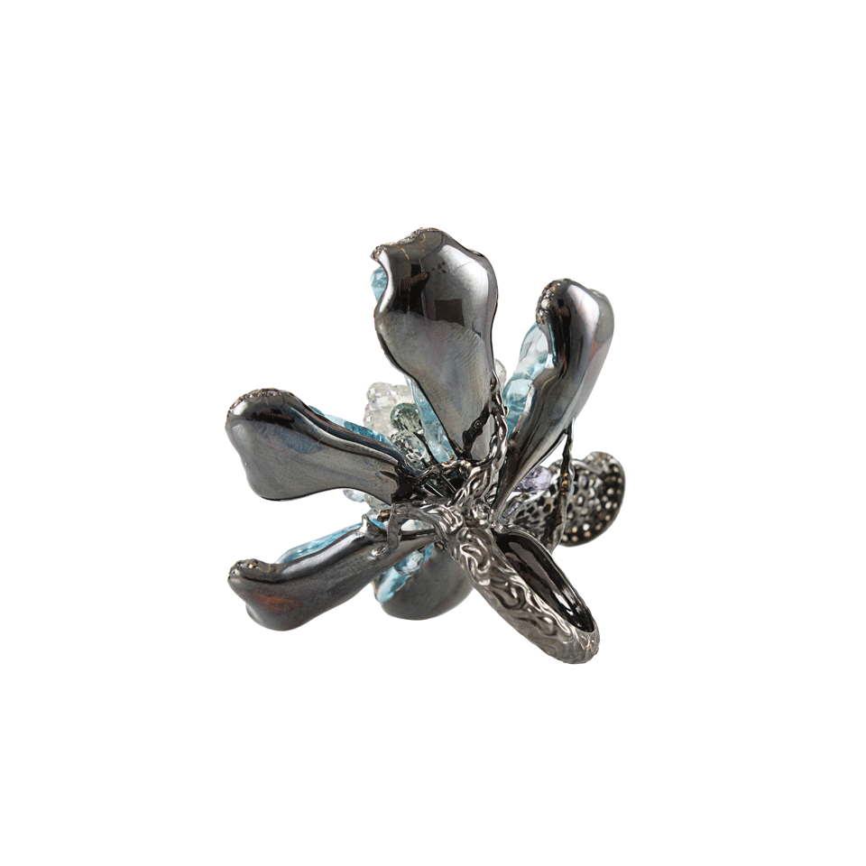 ARUNASHI-Aquamarine Wild-Orchid Ring-BLCK GLD