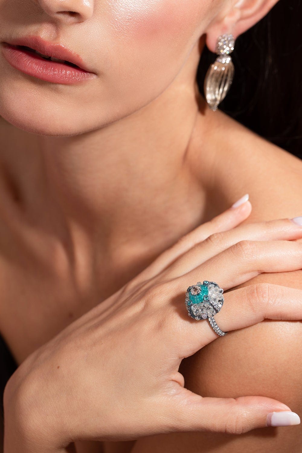 ARUNASHI-Paraiba And Diamond Briolette Ring-TITANIUM