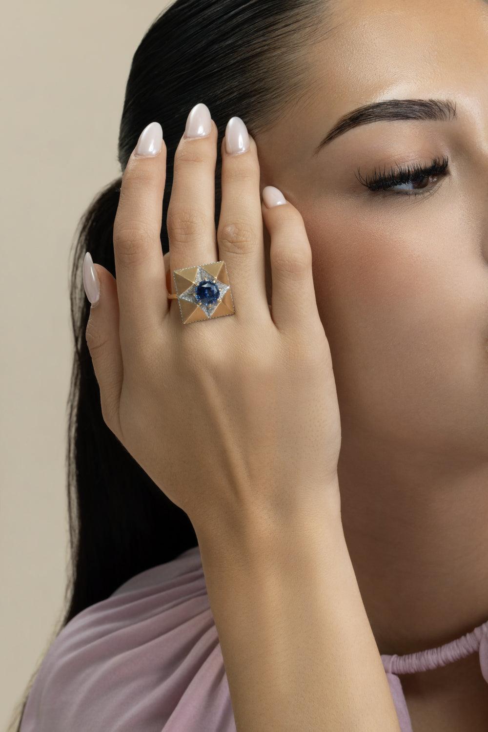 Sapphire The Fortune Teller Origami Ring-YELLOW GOLD-JEWELRYFINE JEWELRING-ARUNASHI