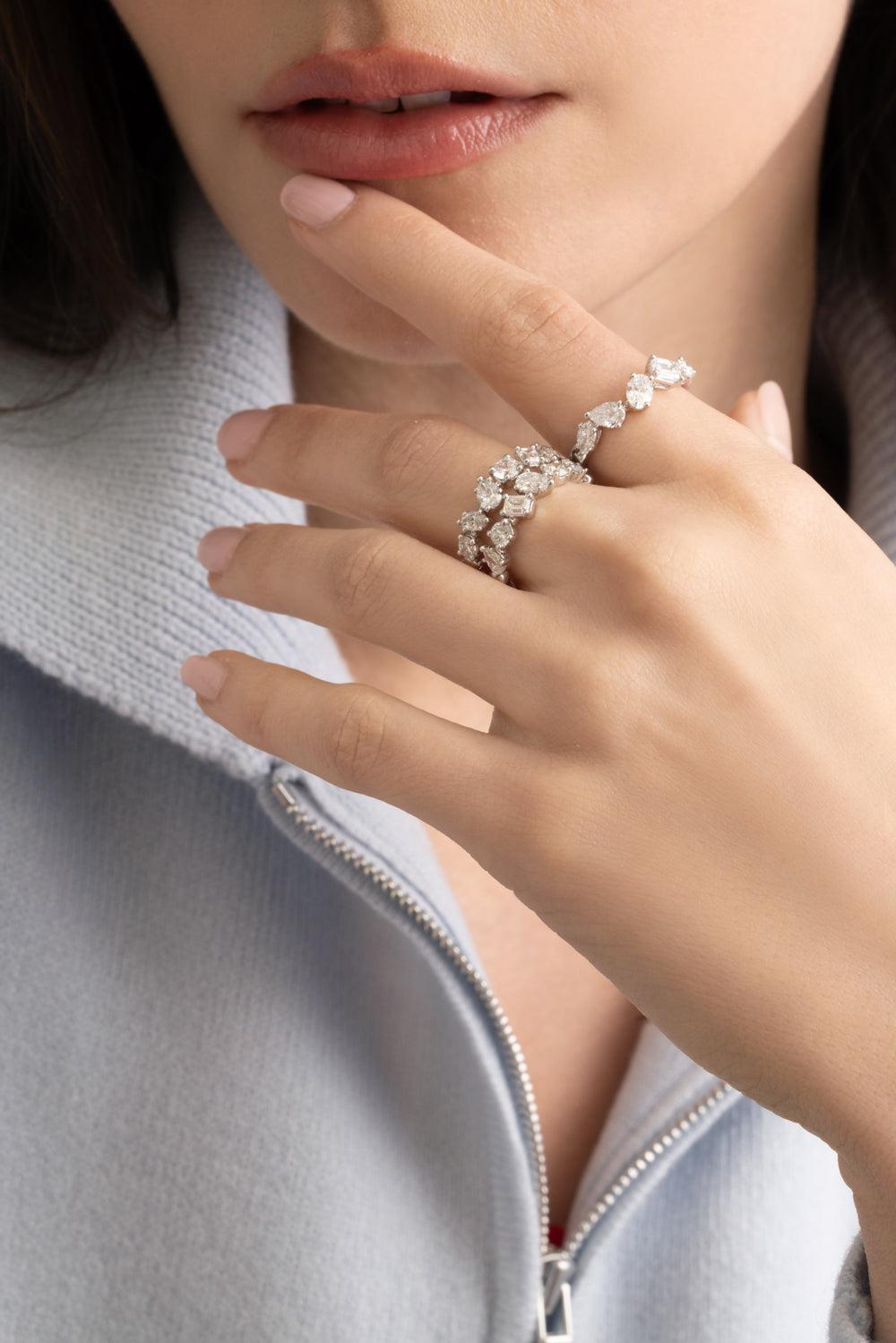 Multi Diamond Two Row Ring-WHITE GOLD-6.5-JEWELRYFINE JEWELRING-ARZANO