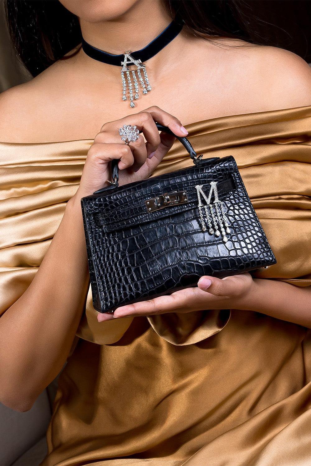 Diamond Waterfall Initial Bag Charm - M-WHITE GOLD-JEWELRYFINE JEWELMISC-ASHNA MEHTA