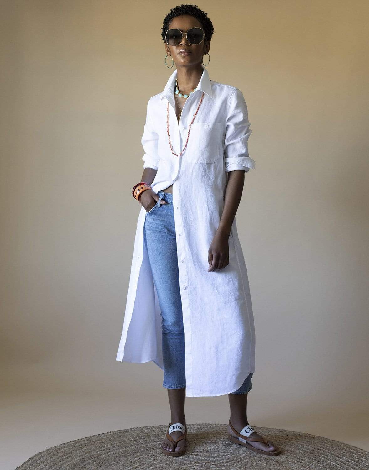 ASPESI-White Slub Linen Gabardine Shirt Dress-