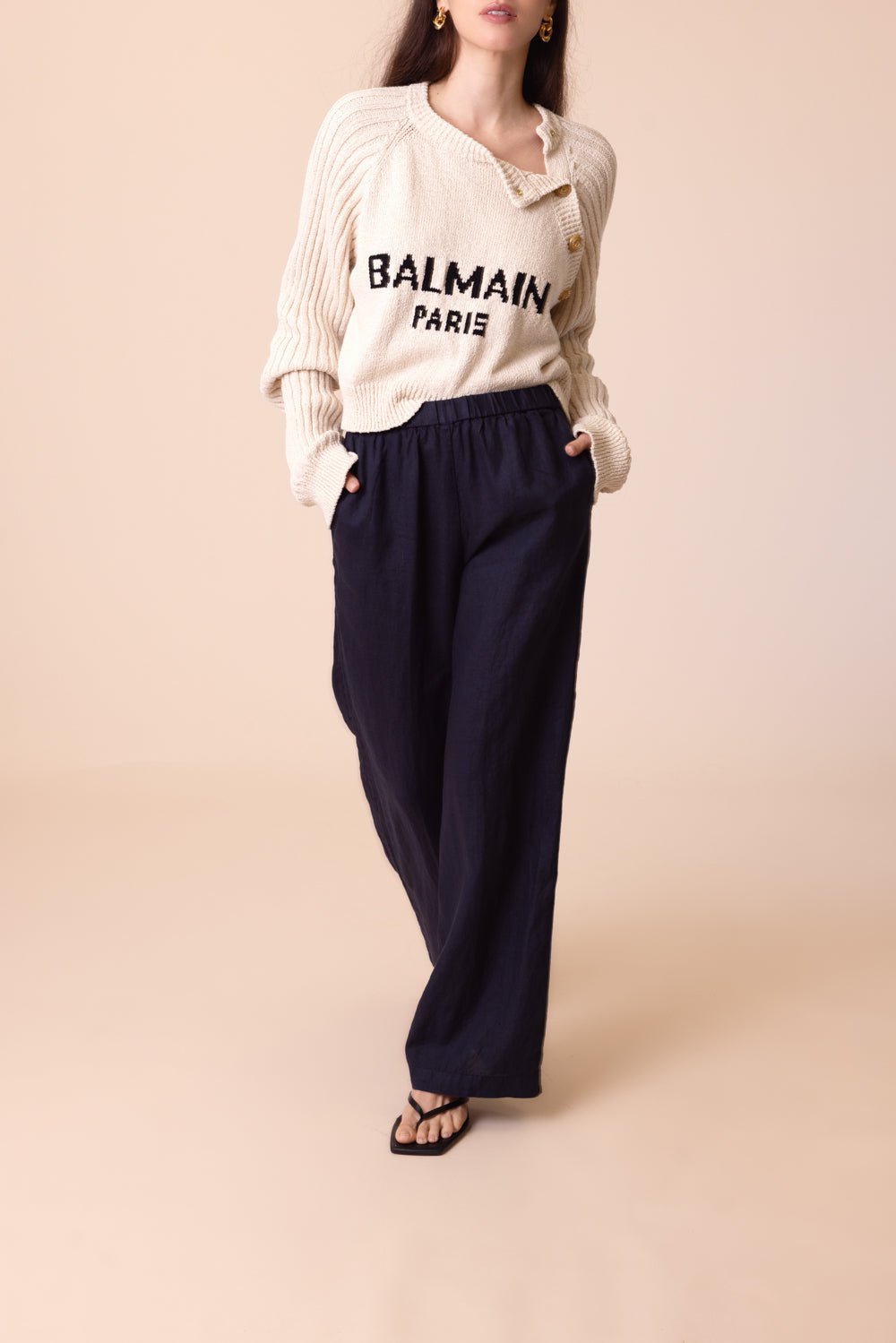 ASPESI-Wide Straight Leg Trousers - Navy-