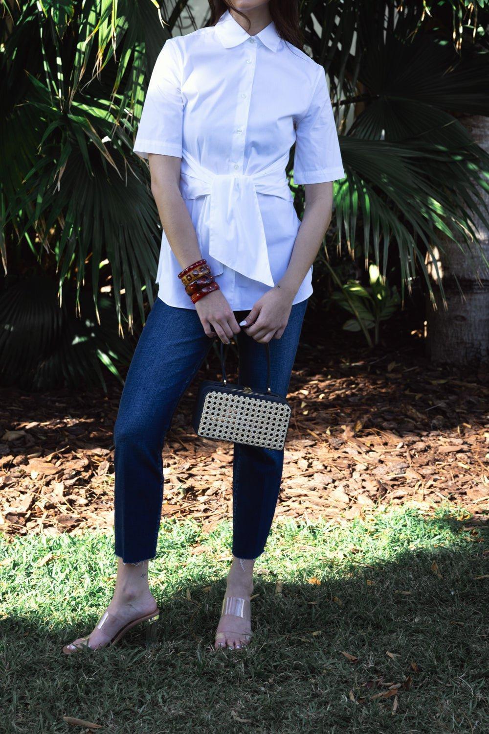 ASPESI-Elbow Sleeve Tie Waist Top-