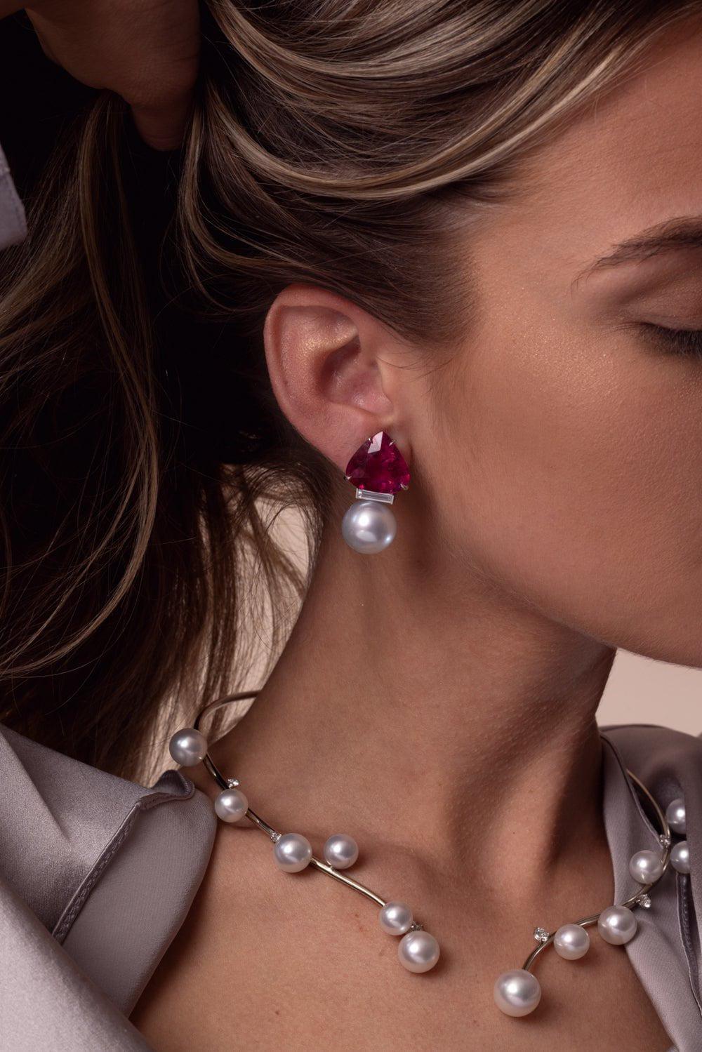 ASSAEL-Rubellite Pearl Earrings-WHITE GOLD