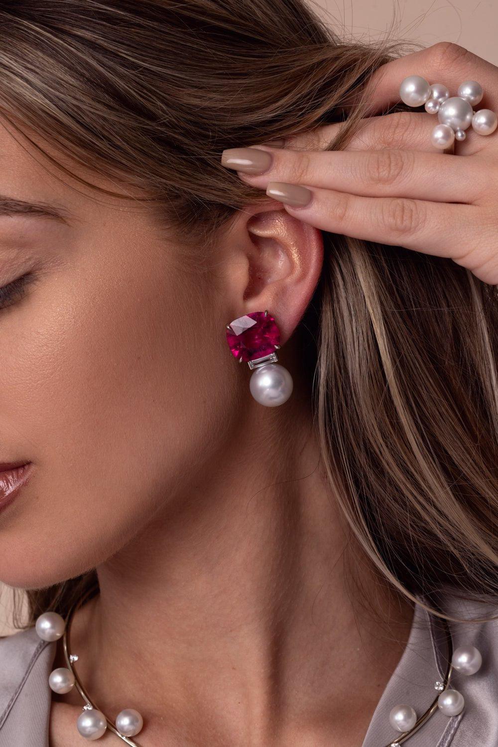 ASSAEL-Rubellite Pearl Earrings-WHITE GOLD