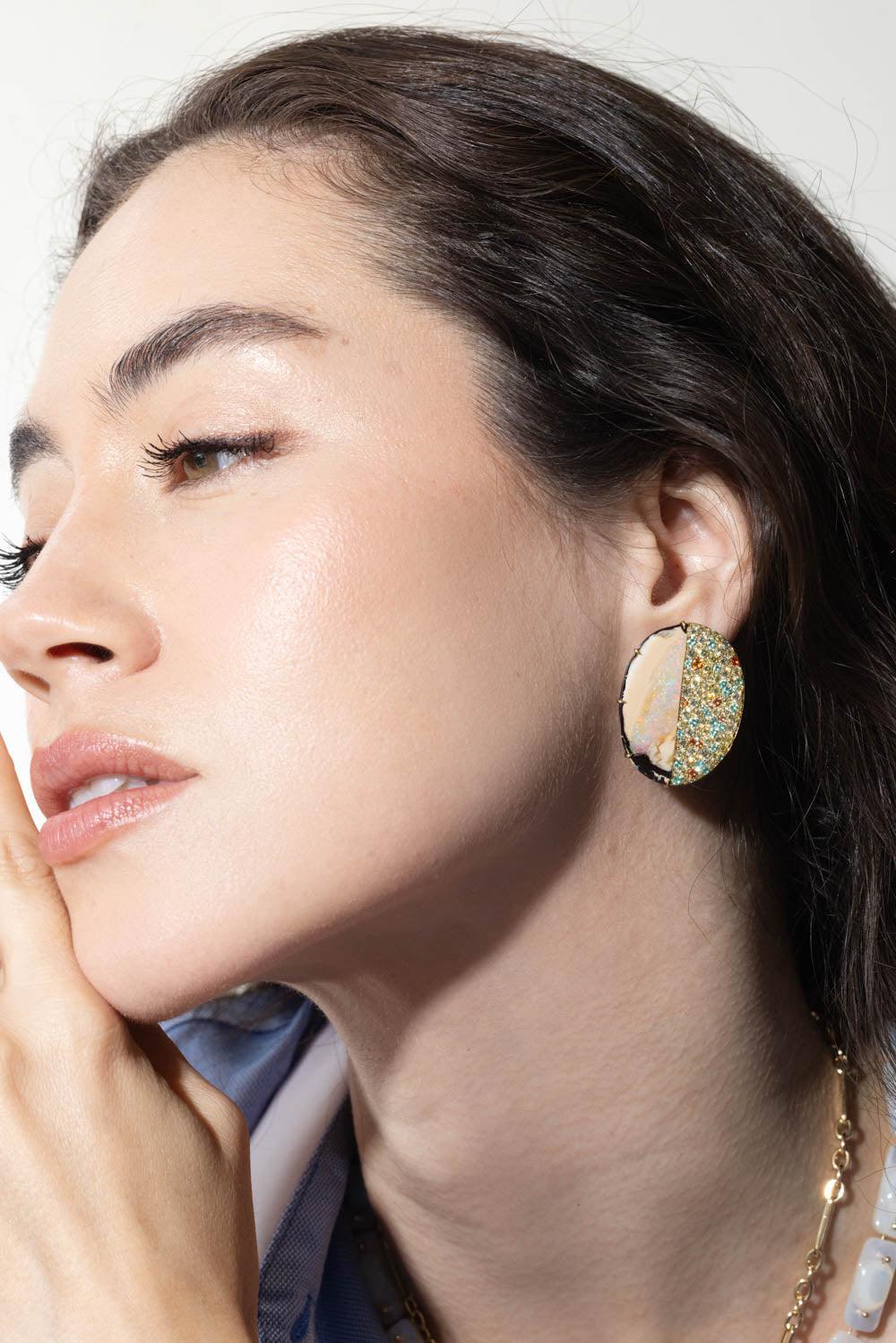 ASSAEL-Yowah Nut Opal Diamond Earrings-YELLOW GOLD