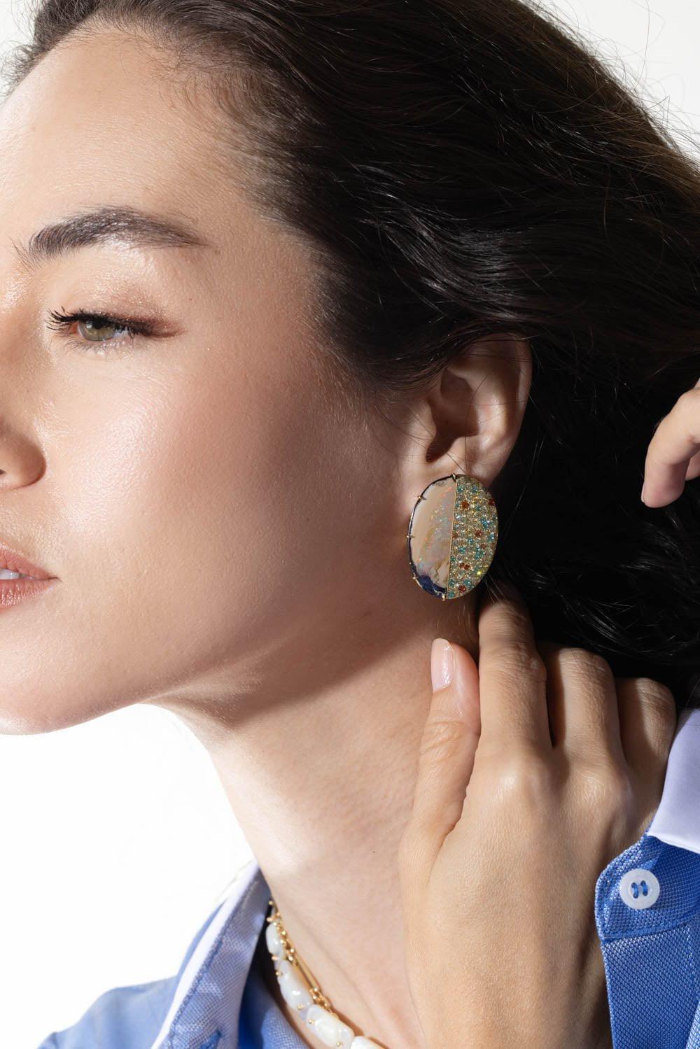 ASSAEL-Yowah Nut Opal Diamond Earrings-YELLOW GOLD