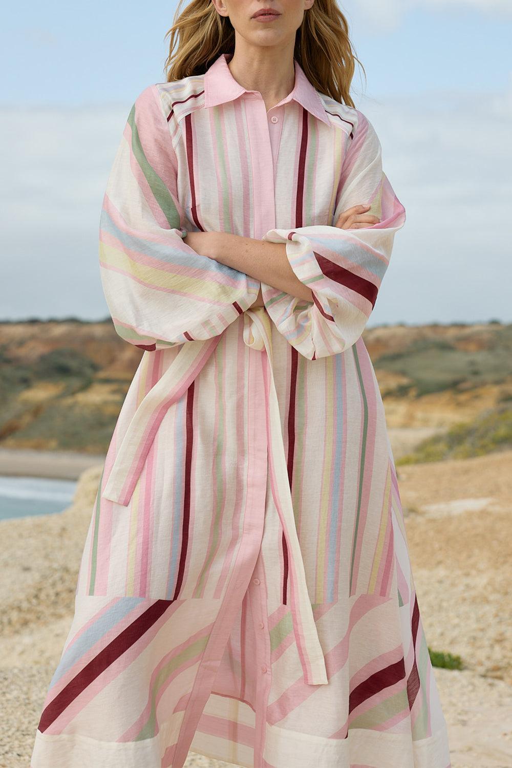 Saskia Midi Wrap Dress-STRIPE-2-CLOTHINGDRESSCASUAL-ASTON STUDIO