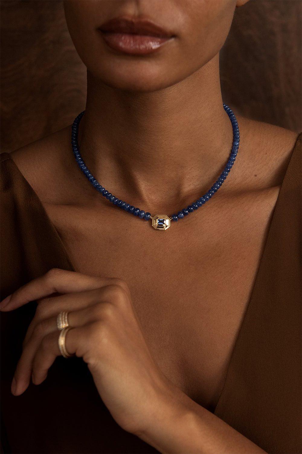AZLEE-Rich Sapphire Bead Staircase Necklace-YELLOW GOLD