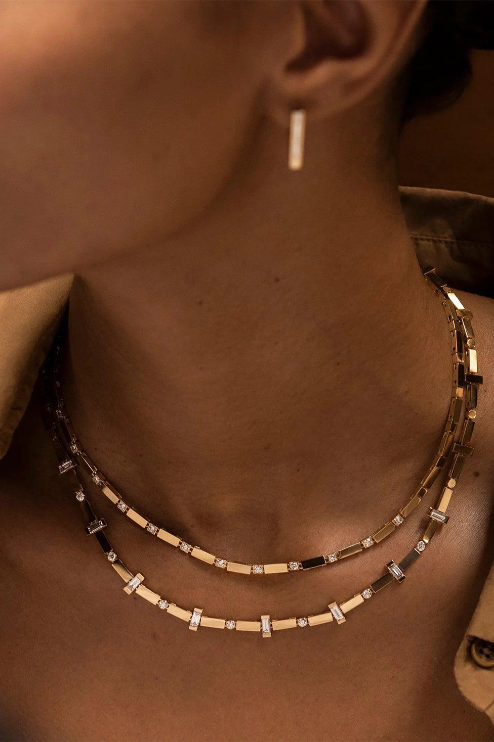 AZLEE-Gold Bar Diamond Tennis Necklace-YELLOW GOLD