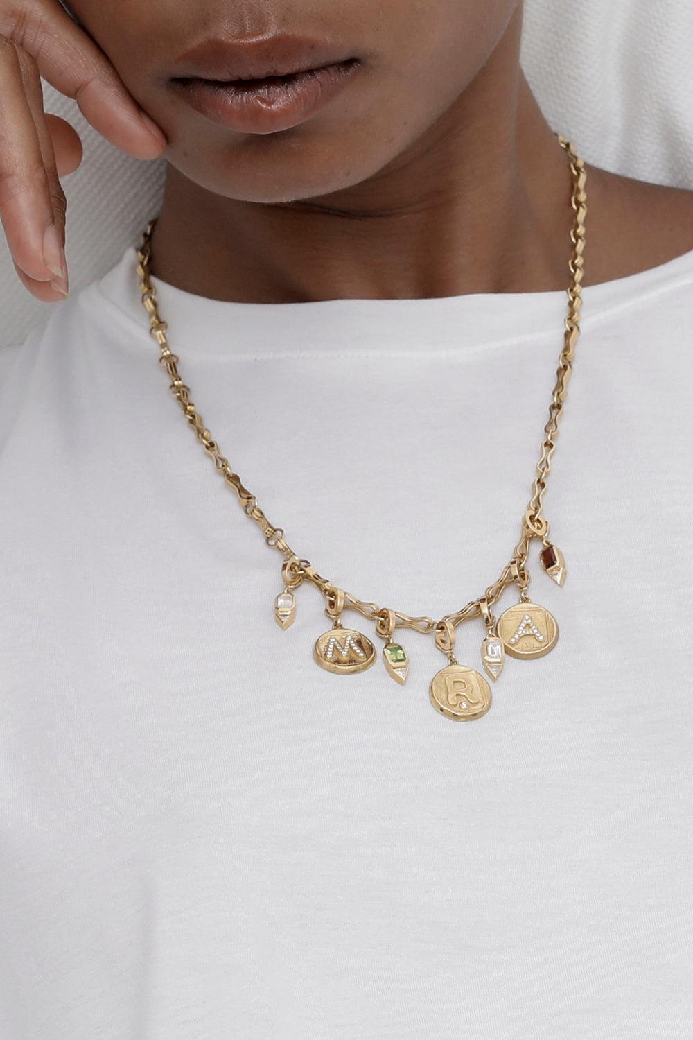 Diamond R Initial Signature Coin Pendant-YELLOW GOLD-JEWELRYFINE JEWELPENDANT-AZLEE