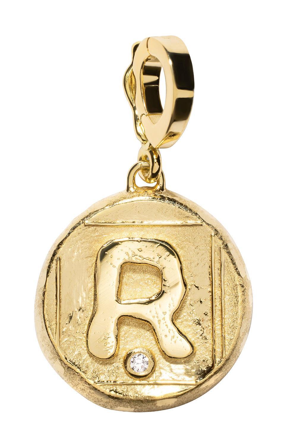 Diamond R Initial Signature Coin Pendant-YELLOW GOLD-JEWELRYFINE JEWELPENDANT-AZLEE
