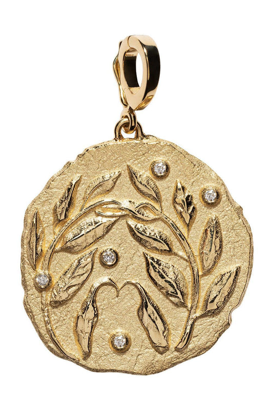 Diamond Large Olive Branch Coin Pendant-YELLOW GOLD-JEWELRYFINE JEWELPENDANT-AZLEE