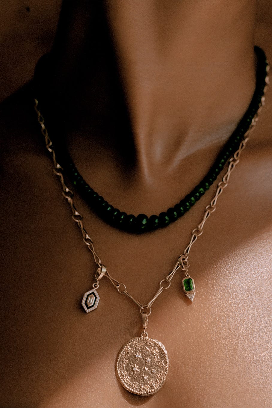 AZLEE-Emerald and Trillion Small Diamond Charm-YELLOW GOLD