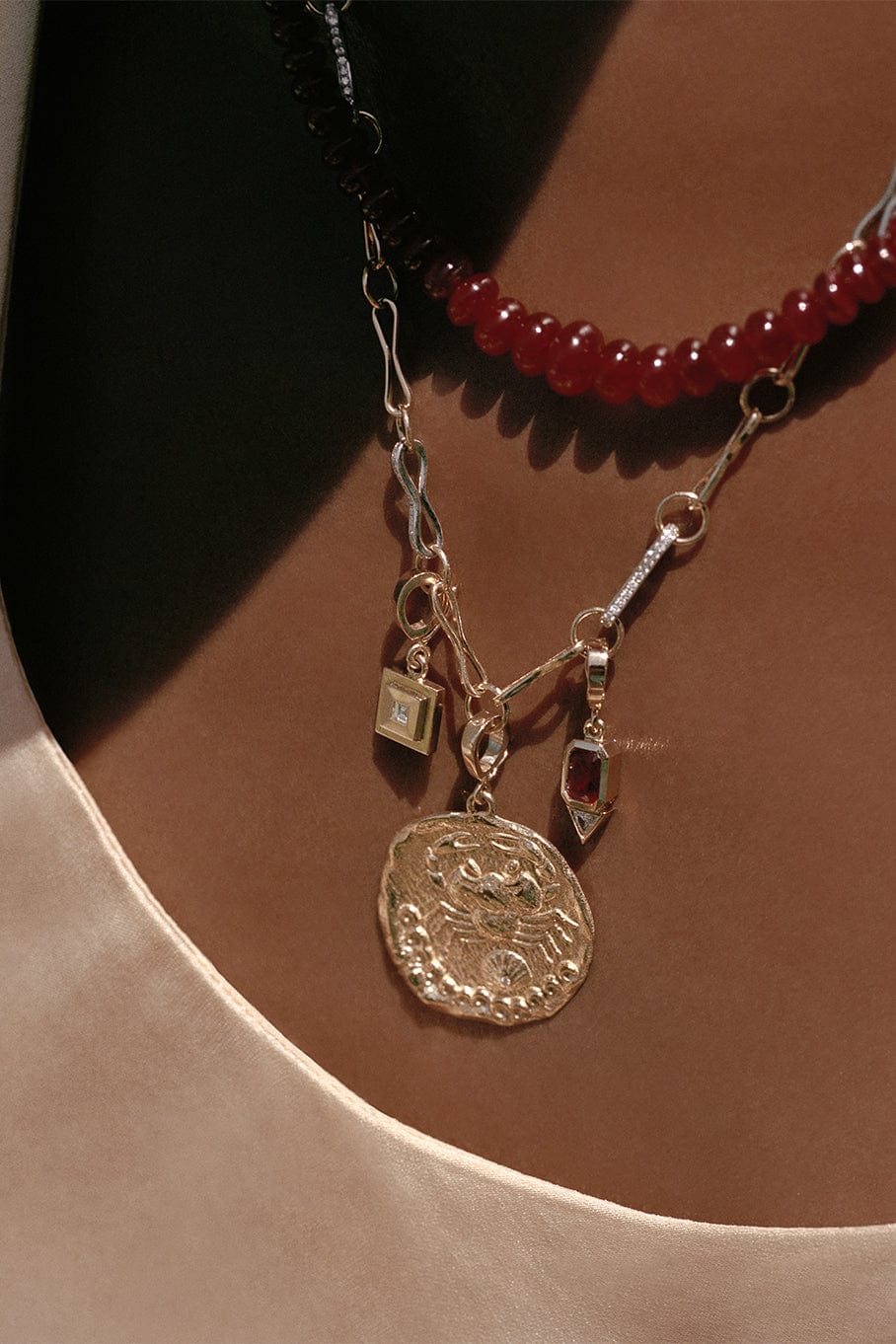 AZLEE-Ruby and Trillion Small Diamond Charm-YELLOW GOLD
