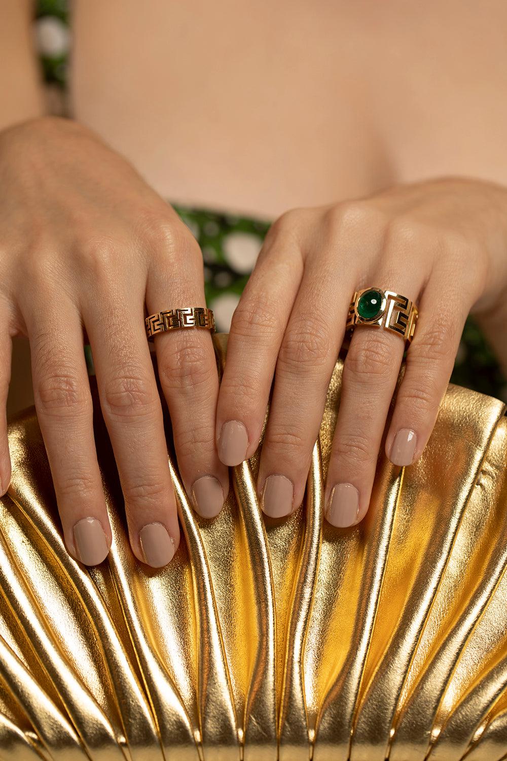 AZLEE-Greek Pattern Emerald Ring-YELLOW GOLD