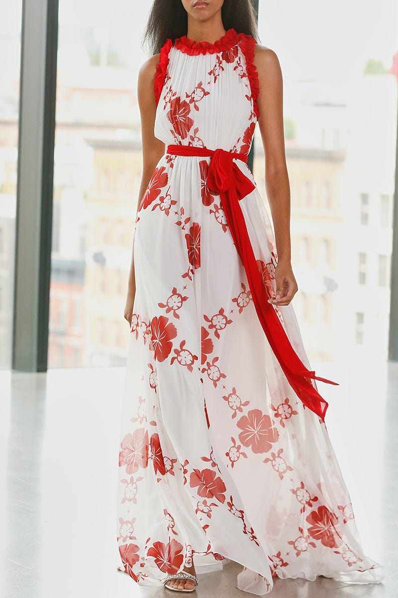 BADGLEY MISCHKA-Hawaiian Print Ruffle Gown-