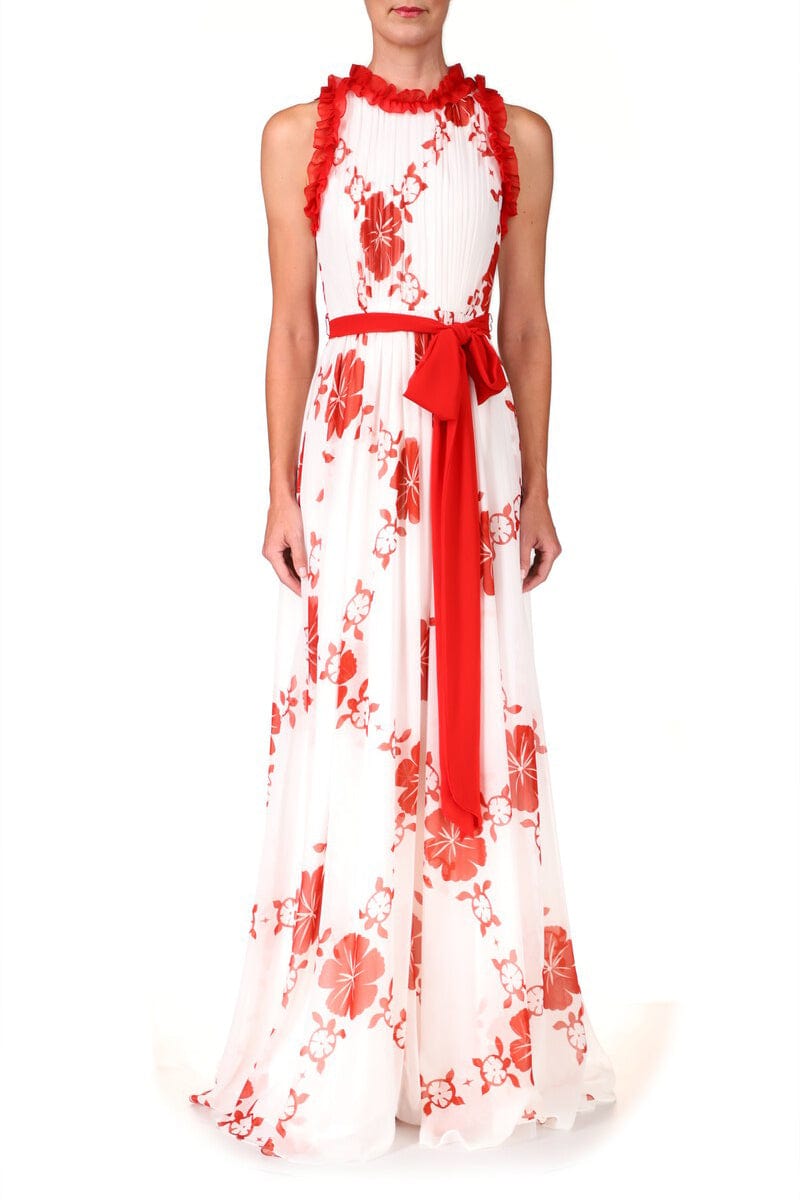 BADGLEY MISCHKA-Hawaiian Print Ruffle Gown-