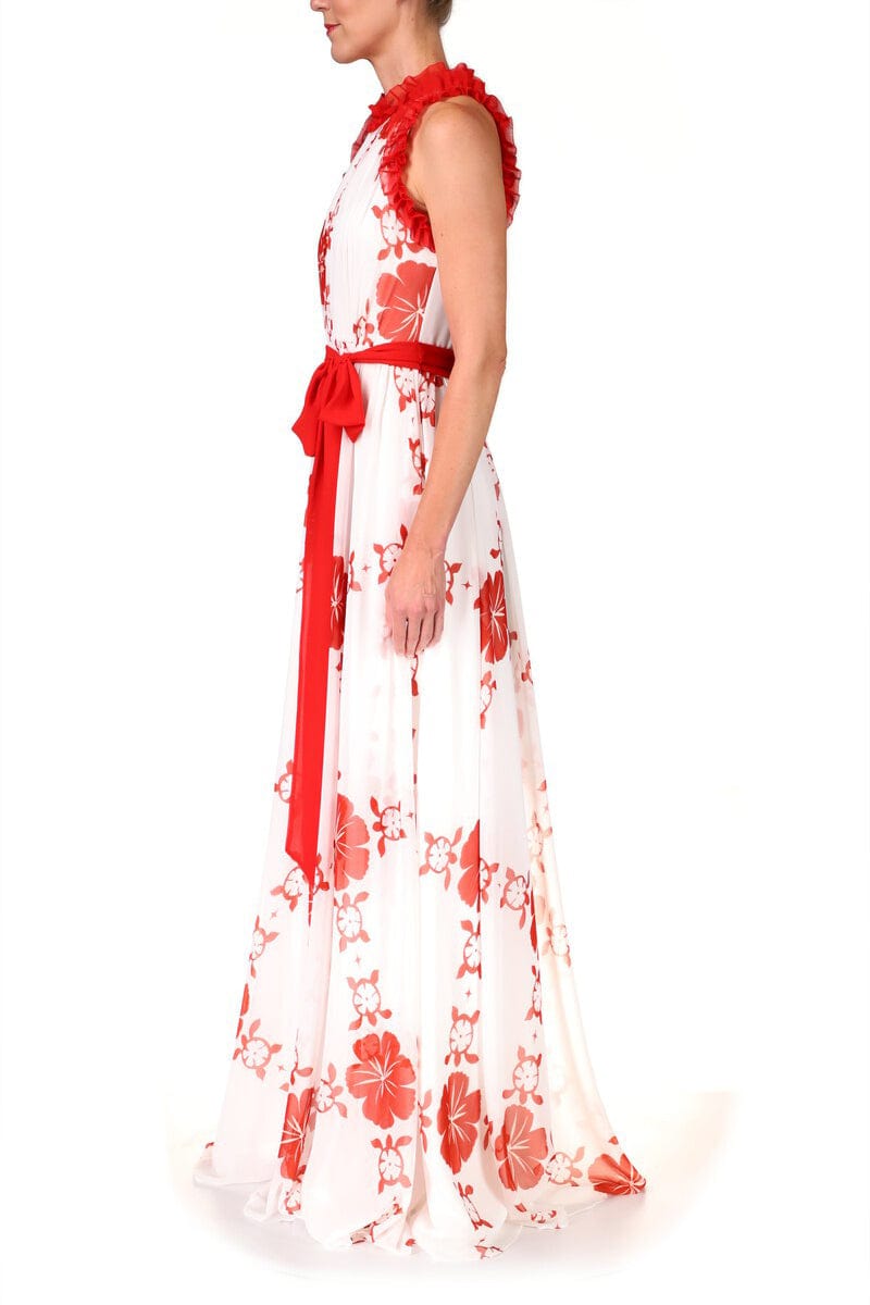 BADGLEY MISCHKA-Hawaiian Print Ruffle Gown-