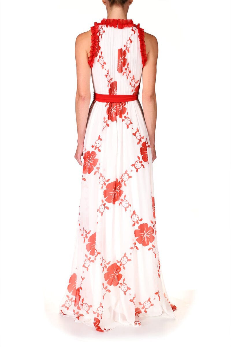 BADGLEY MISCHKA-Hawaiian Print Ruffle Gown-