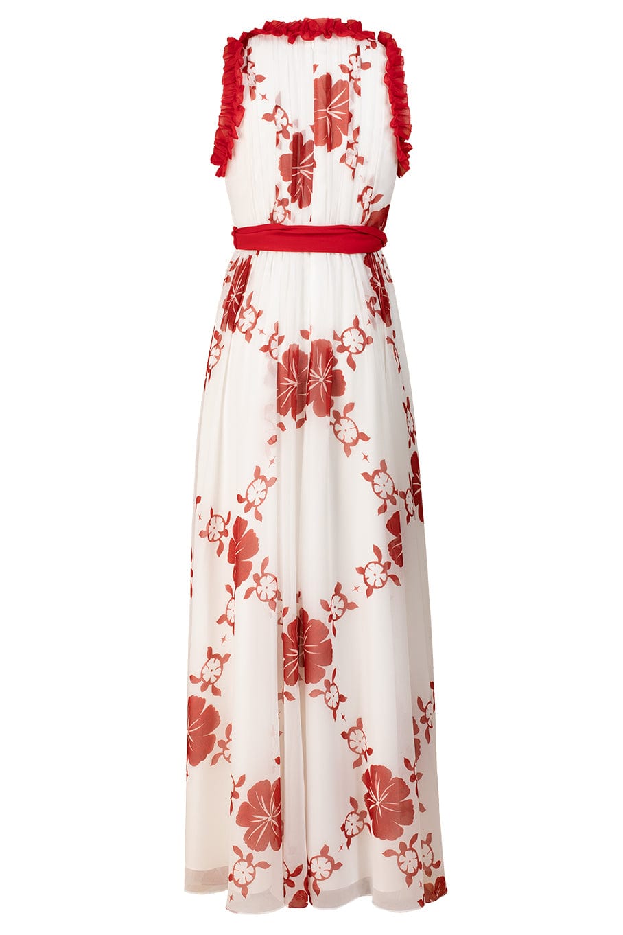 BADGLEY MISCHKA-Hawaiian Print Ruffle Gown-