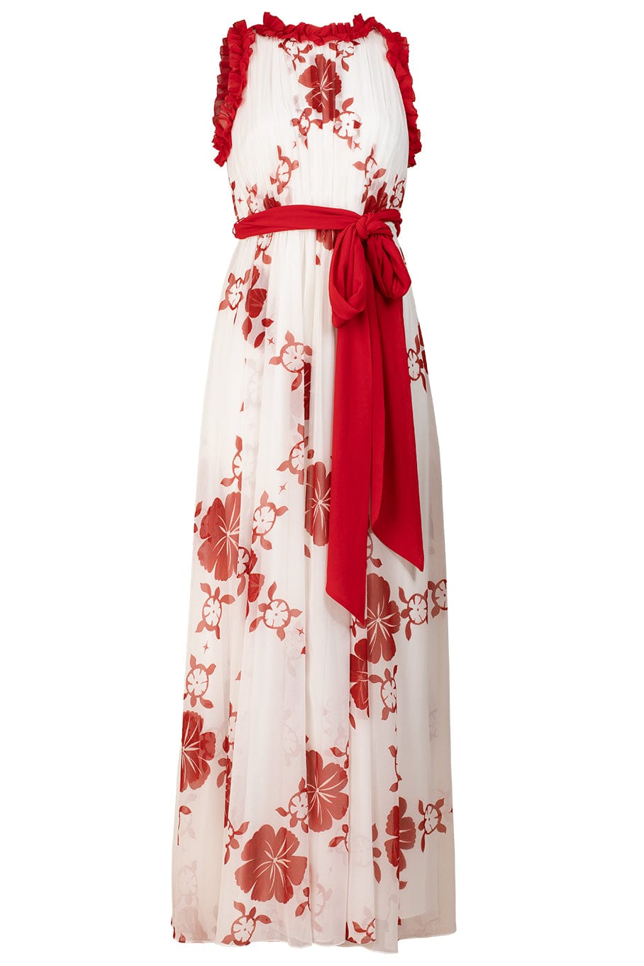 BADGLEY MISCHKA-Hawaiian Print Ruffle Gown-