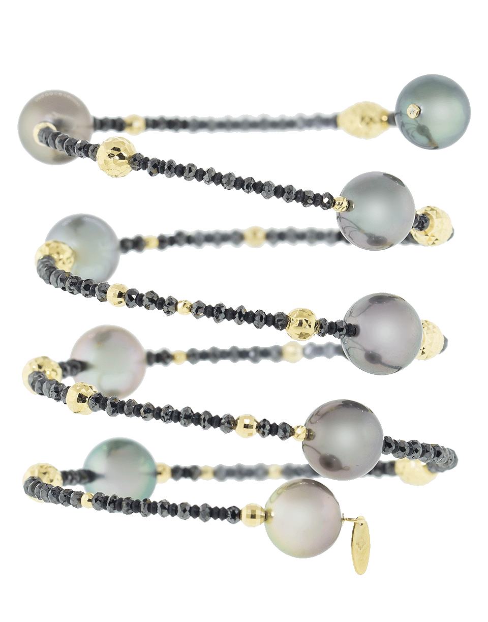 BAGGINS-Tahitian Pearl and Black Diamond Beaded Wrap Bracelet-YELLOW GOLD