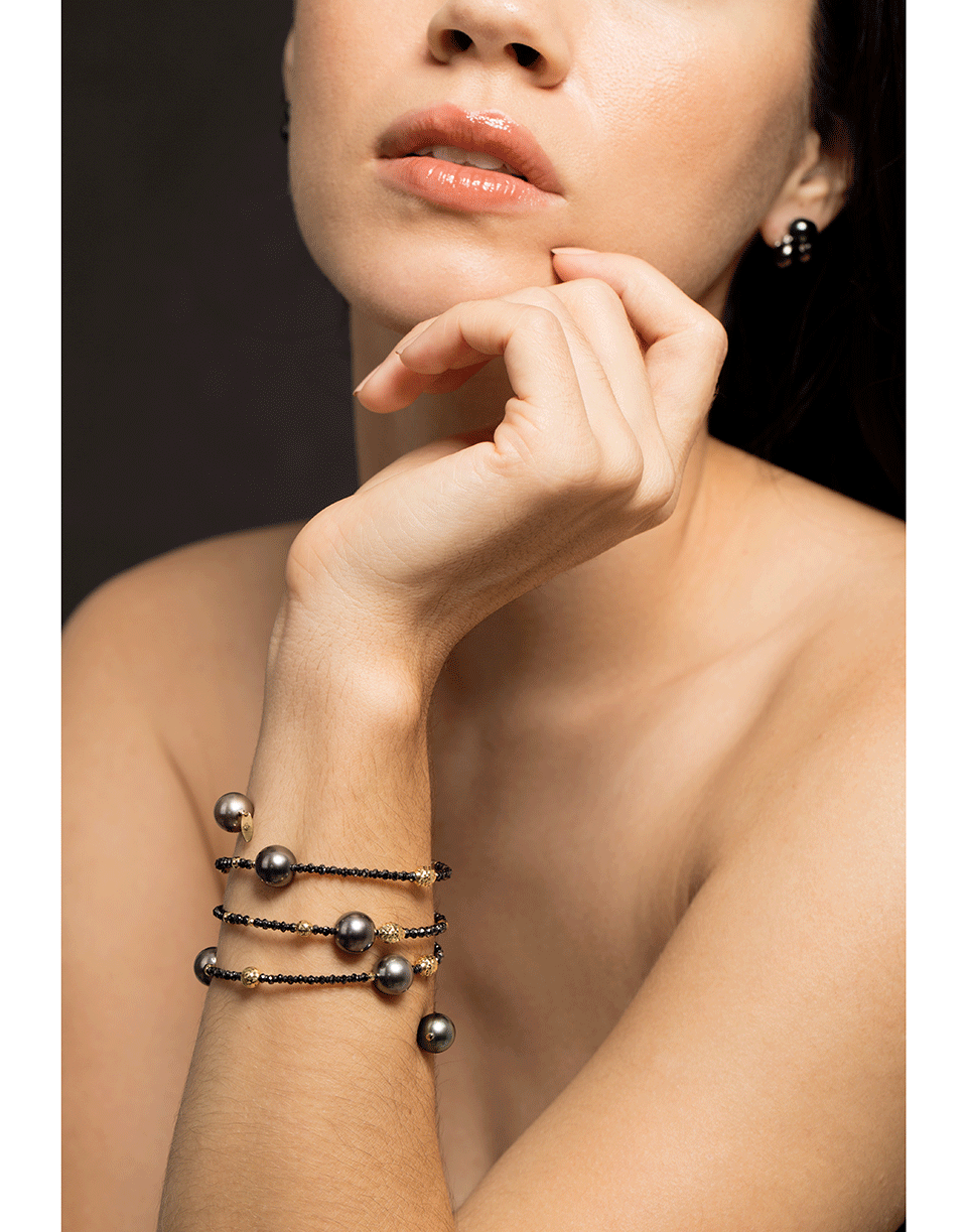 BAGGINS-Tahitian Pearl and Black Diamond Beaded Wrap Bracelet-YELLOW GOLD