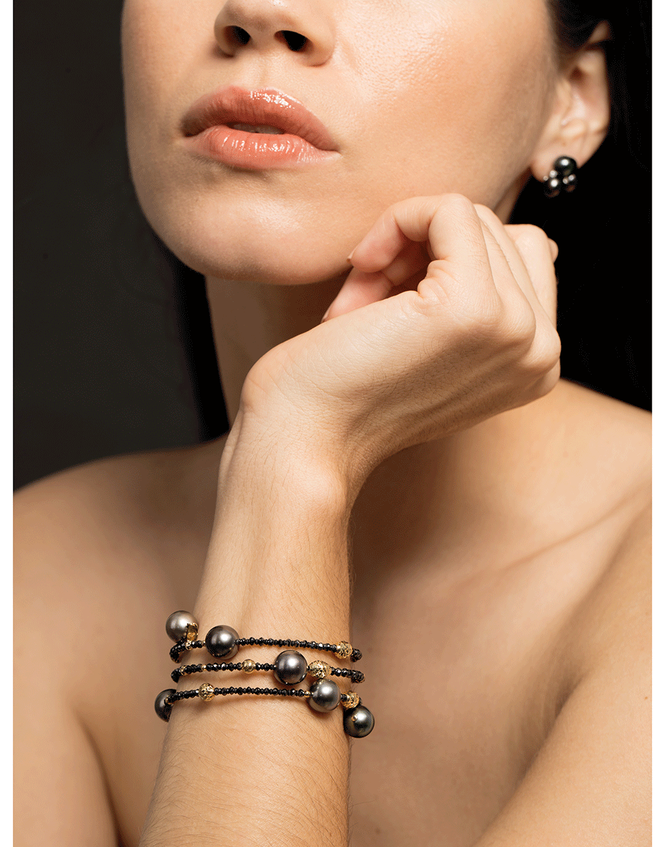 BAGGINS-Tahitian Pearl and Black Diamond Beaded Wrap Bracelet-YELLOW GOLD