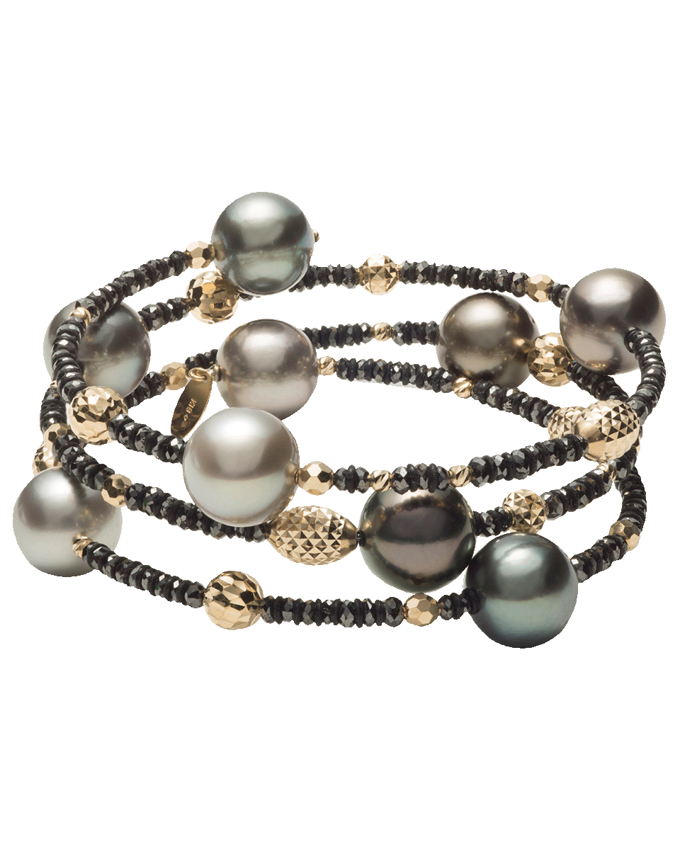BAGGINS-Tahitian Pearl and Black Diamond Beaded Wrap Bracelet-YELLOW GOLD