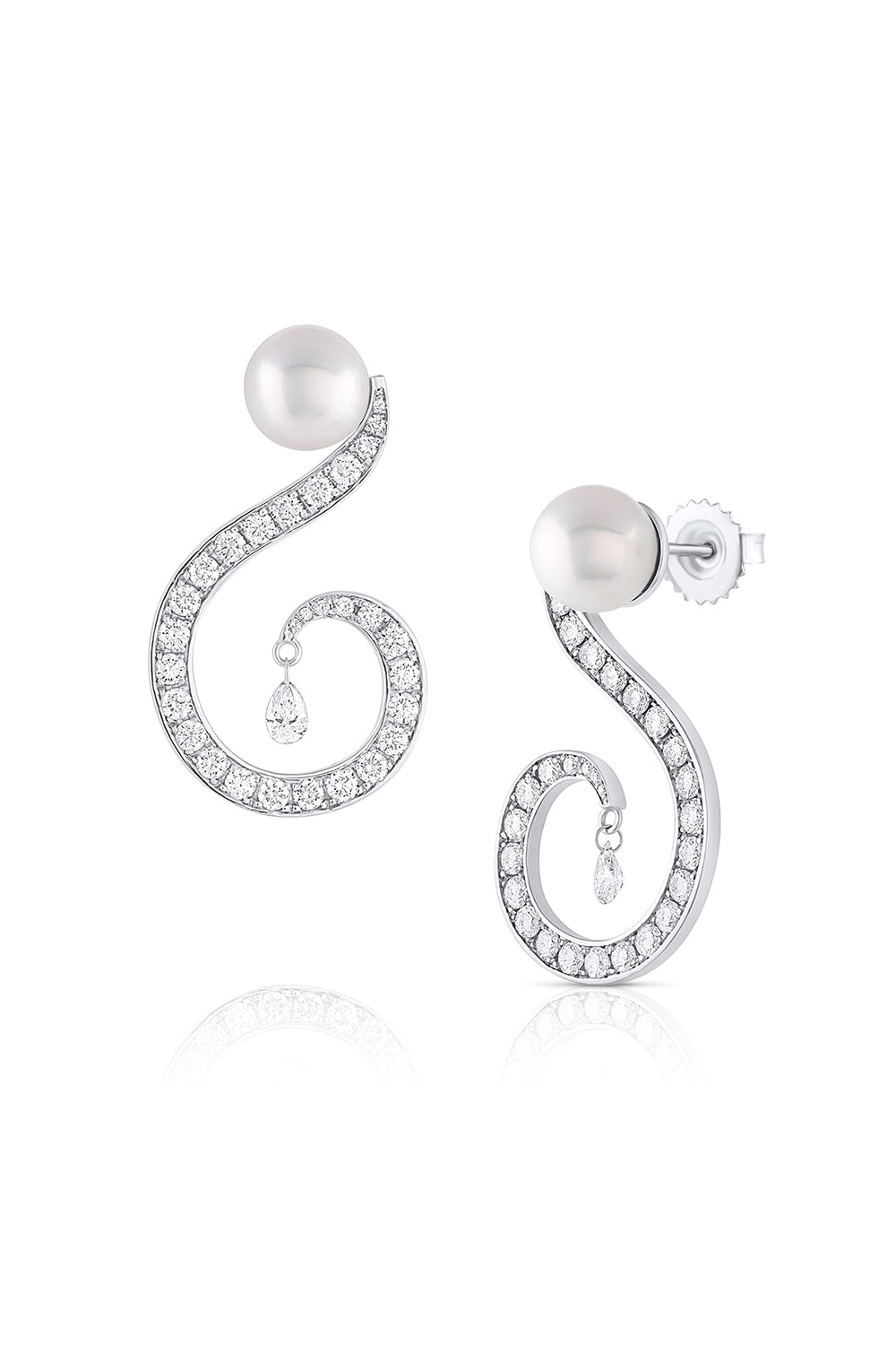 BAGGINS-Akoya Pearl Diamond Swirl Earrings-WHITE GOLD