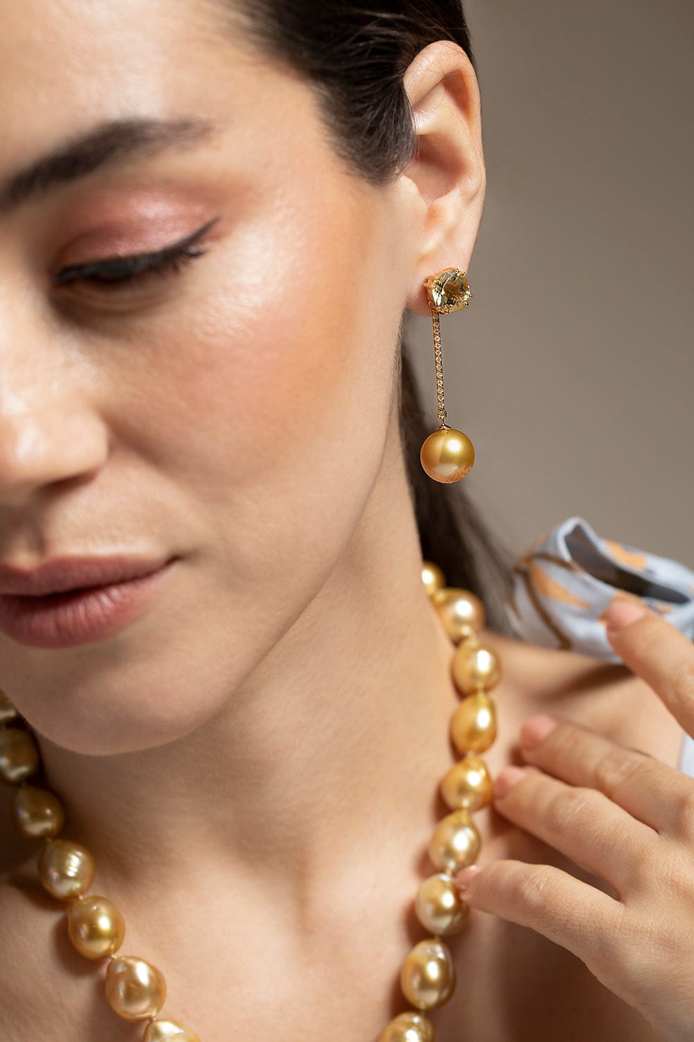 BAGGINS-Yellow Beryl and Diamond Stick Pearl Drop Earrings-YELLOW GOLD