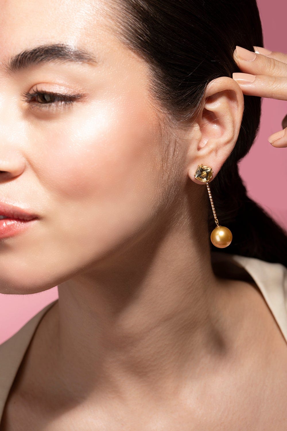 BAGGINS-Yellow Beryl and Diamond Stick Pearl Drop Earrings-YELLOW GOLD