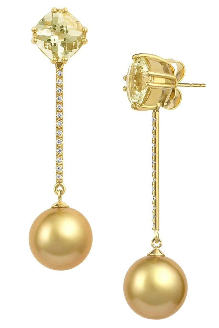 BAGGINS-Yellow Beryl and Diamond Stick Pearl Drop Earrings-YELLOW GOLD