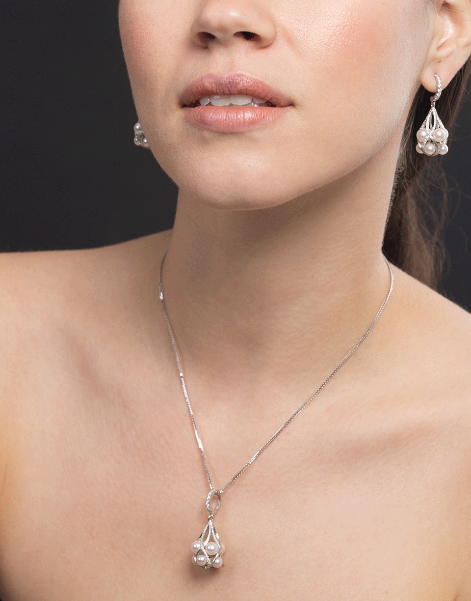 BAGGINS-Akoya Pearl Diamond Basket Pendant Necklace-WHITE GOLD