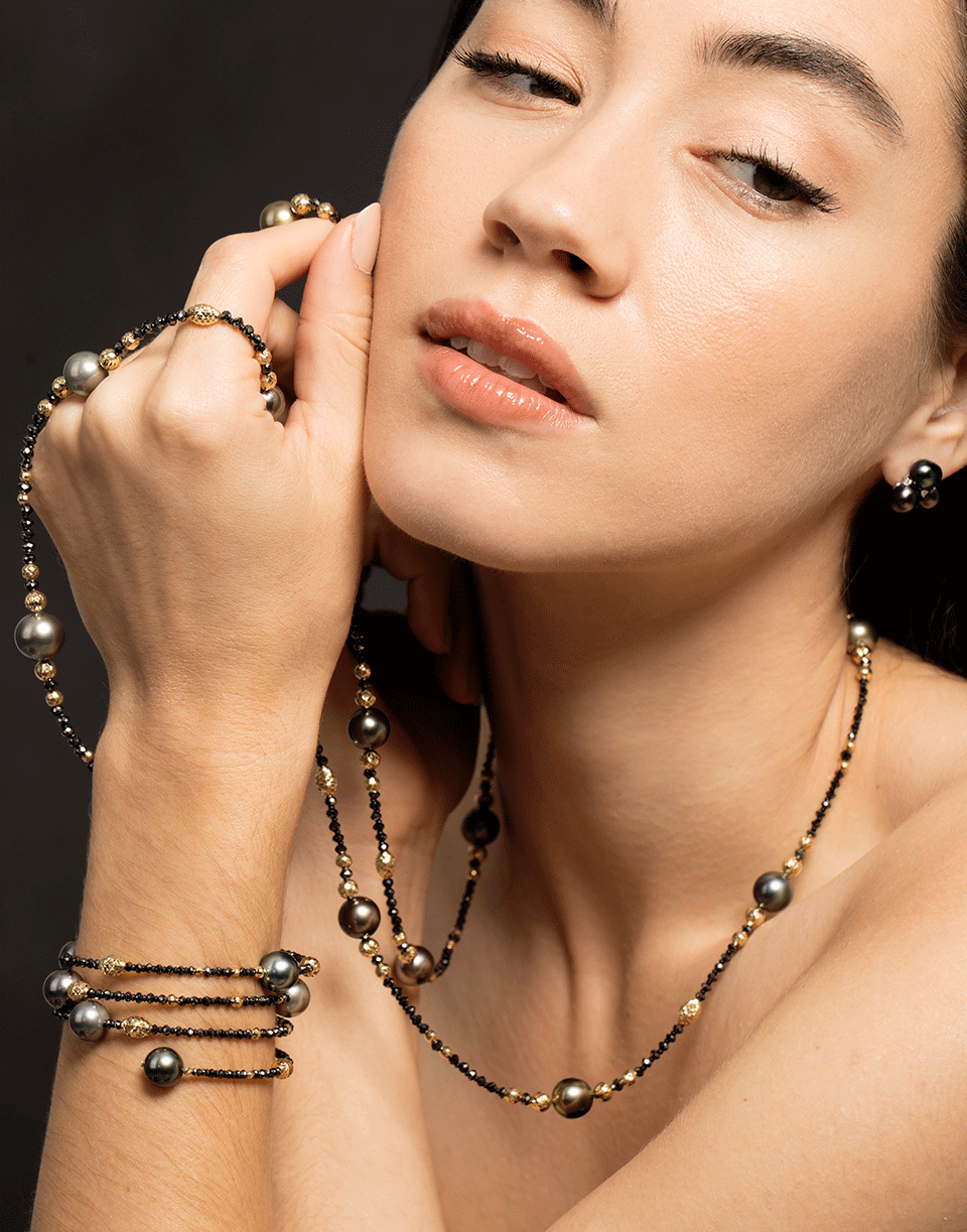 BAGGINS-Tahitian Pearl and Black Diamond Beaded Wrap Necklace-YELLOW GOLD